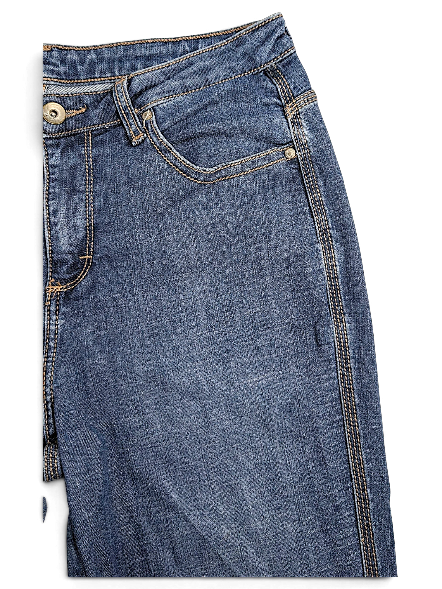 JAKE & IPI pre-owned Wrangler Aura mid blue bootcut jeans with contrast stitching and metal button detail