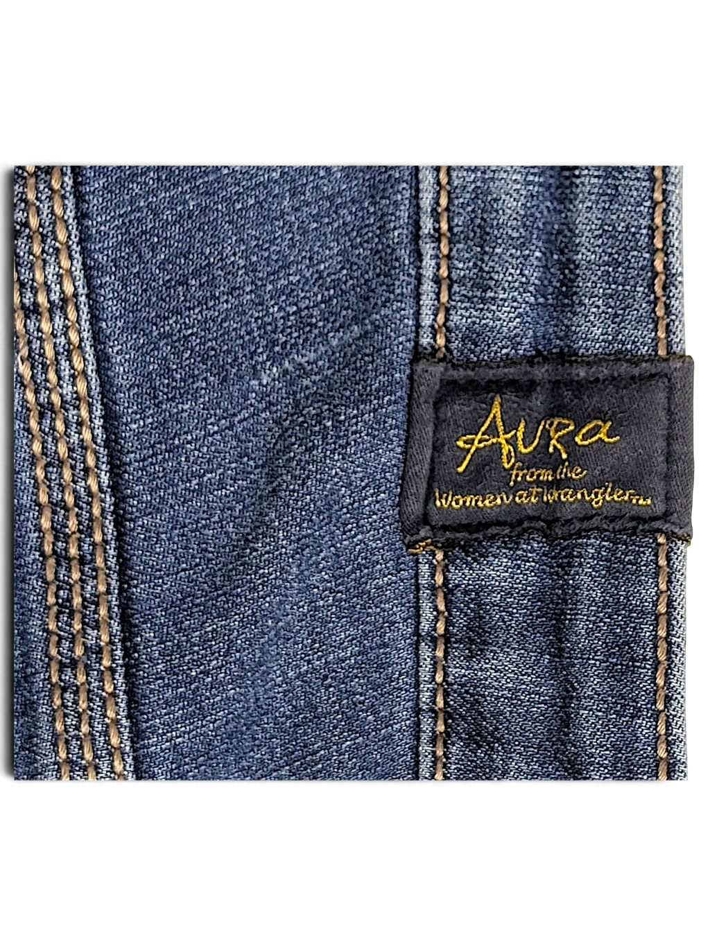 JAKE & IPI Wrangler Aura mid blue denim jeans featuring gold embroidered branding label and contrast stitching