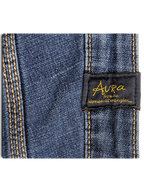 JAKE & IPI Wrangler Aura mid blue denim jeans featuring gold embroidered branding label and contrast stitching