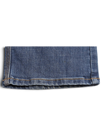 JAKE & IPI Wrangler Aura mid blue bootcut jeans hem detail with contrast stitching