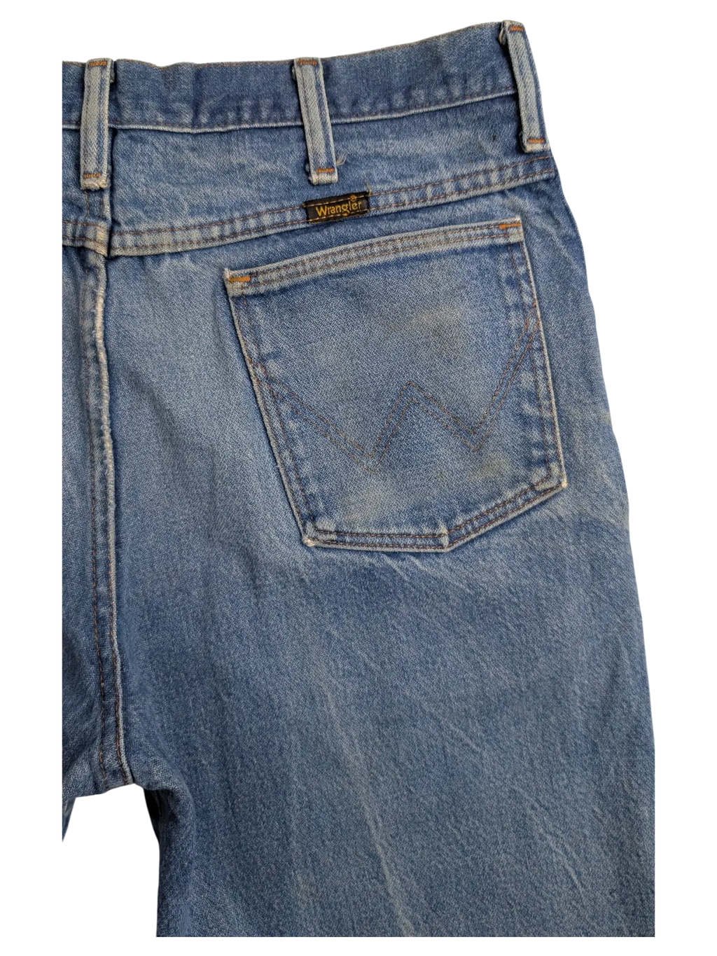 JAKE & IPI Wrangler blue denim bootcut jeans featuring a classic back pocket with signature W stitching