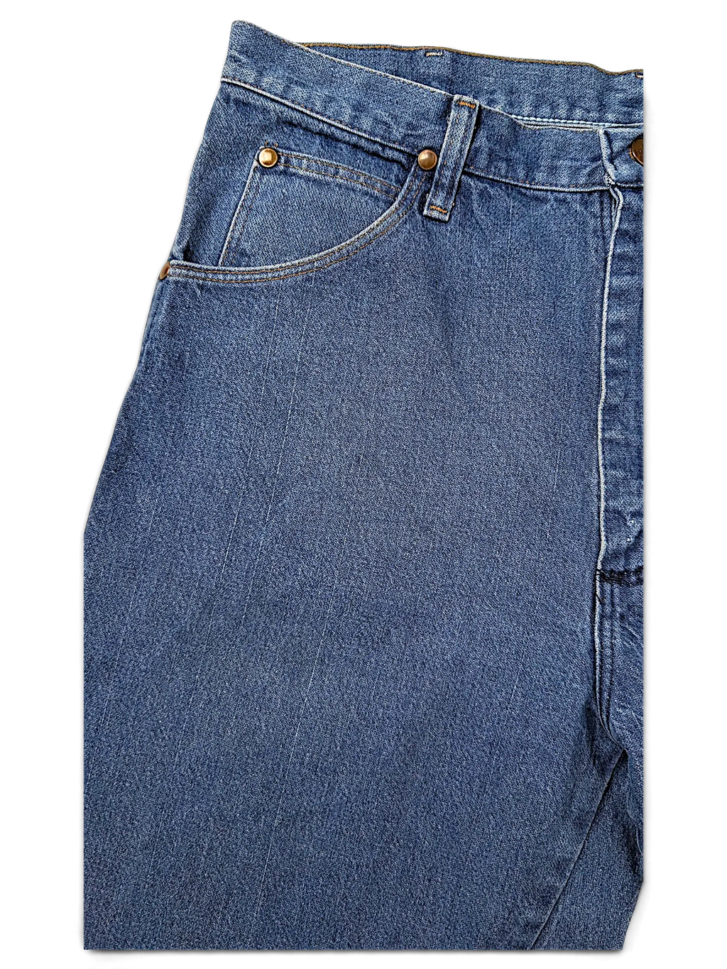 JAKE & IPI Wrangler 31MWZPW blue denim jeans featuring classic copper rivets and a high-waisted fit