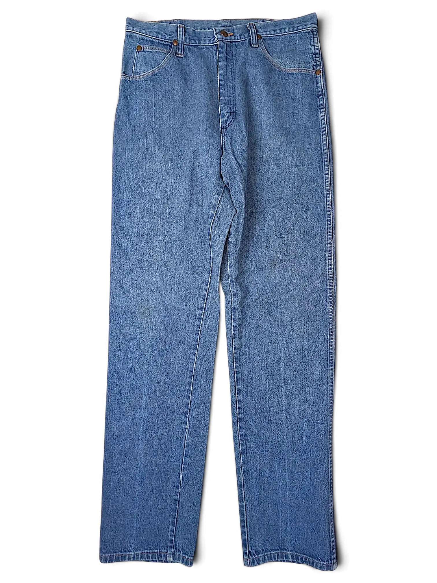JAKE & IPI Wrangler 31MWZPW medium wash blue denim jeans with classic five-pocket styling and straight leg fit.
