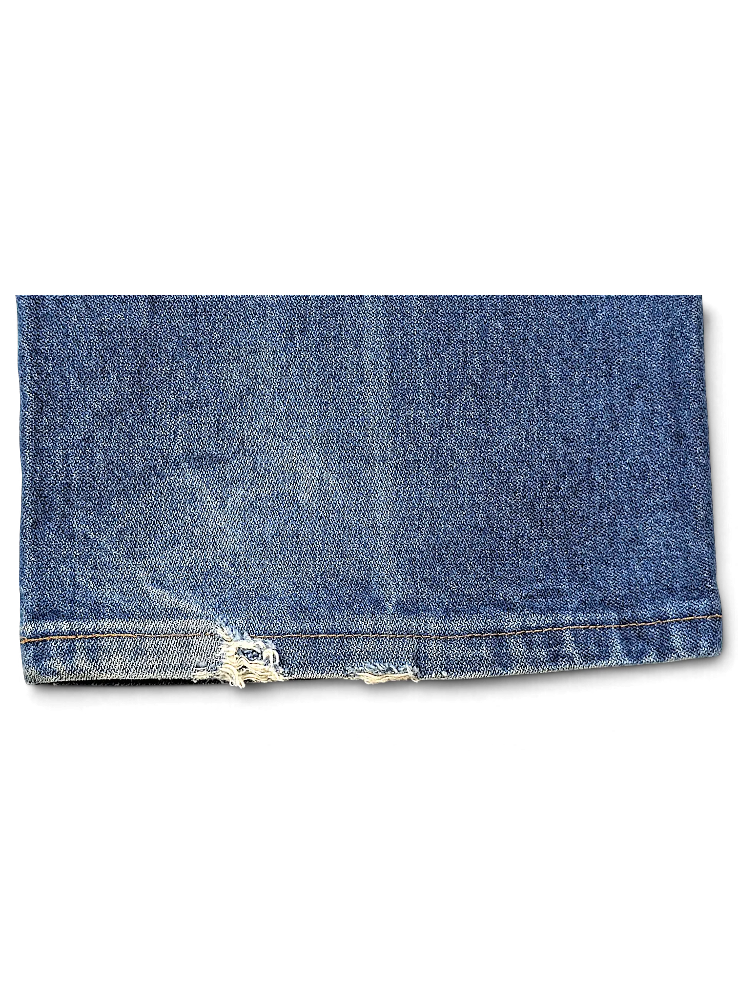 JAKE & IPI Wrangler 936DEN blue denim jeans hem with distressed frayed edge detail