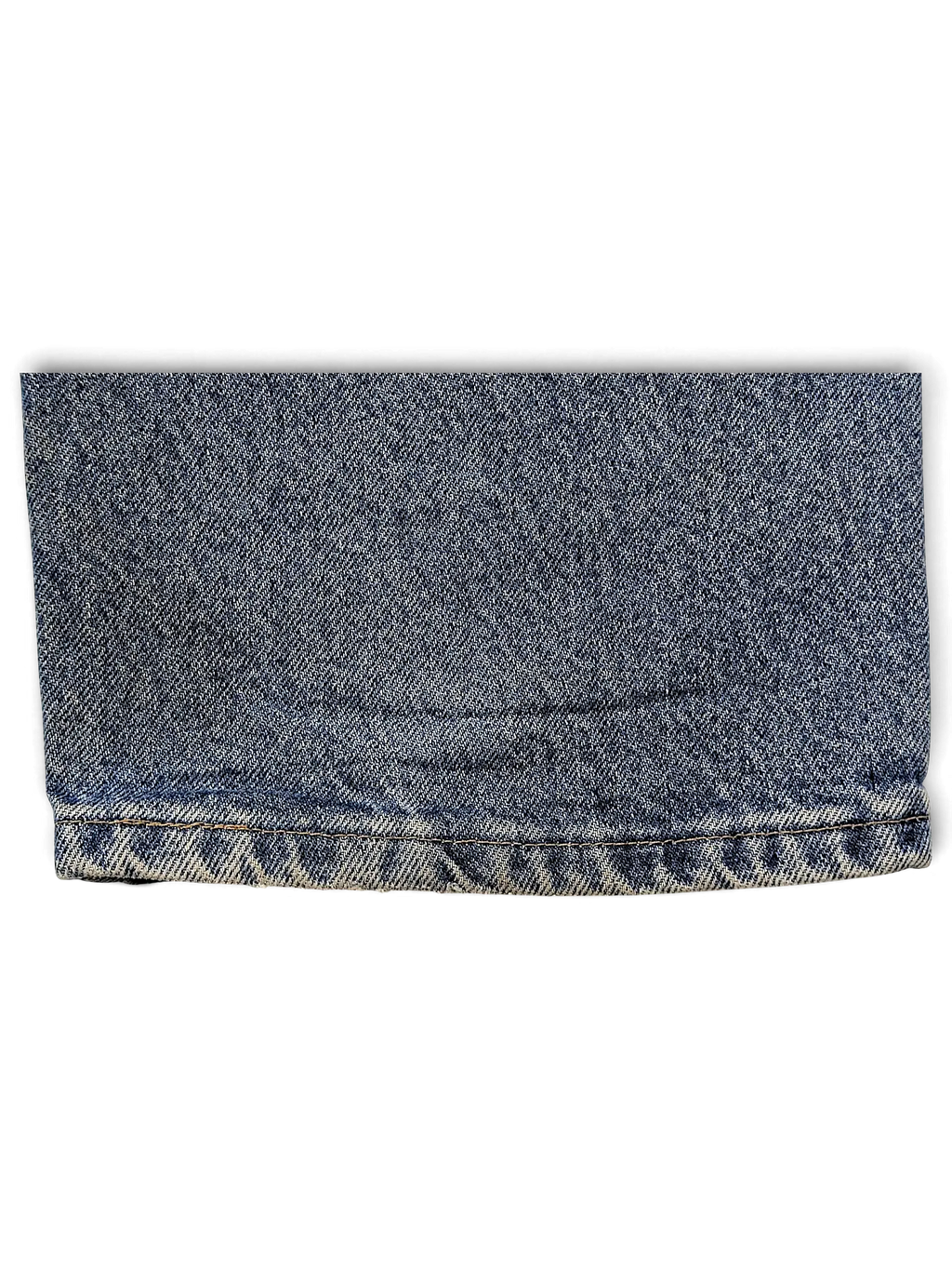 JAKE & IPI Wrangler 96501DS blue denim jeans hem detail showing classic stitching and worn texture