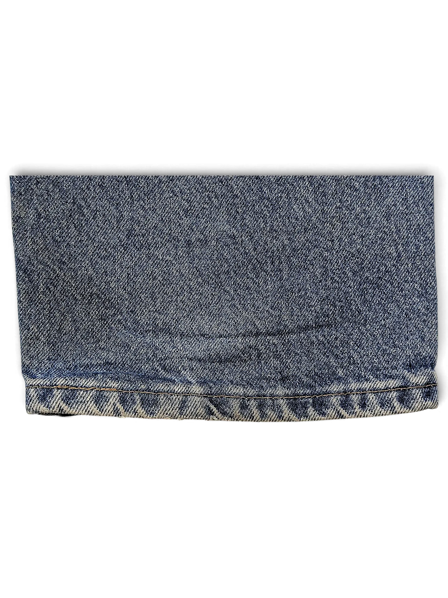 JAKE & IPI Wrangler 96501DS blue denim jeans hem detail showing classic stitching and worn texture