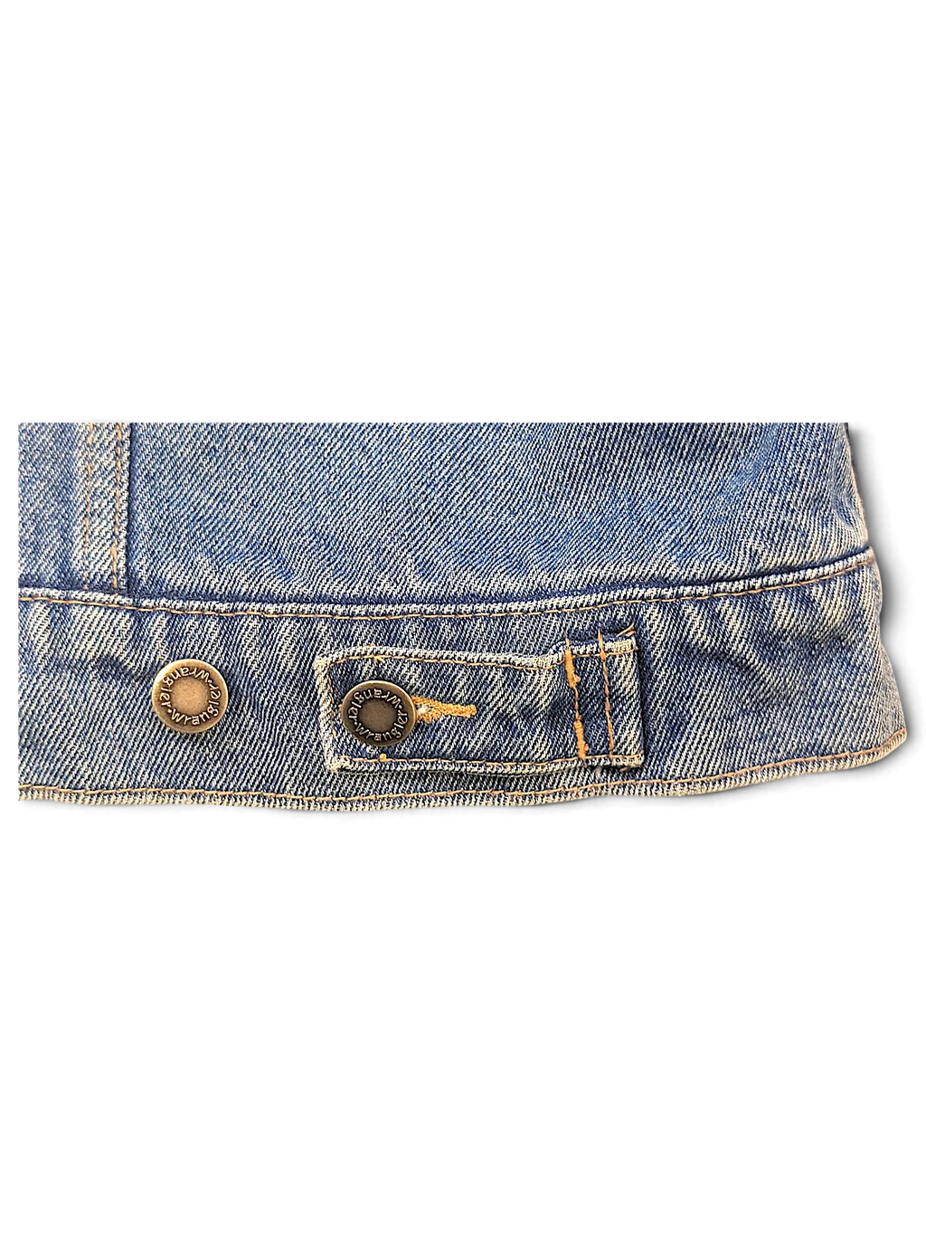 JAKE & IPI blue denim jacket featuring Wrangler branded metal buttons and adjustable side tab detail