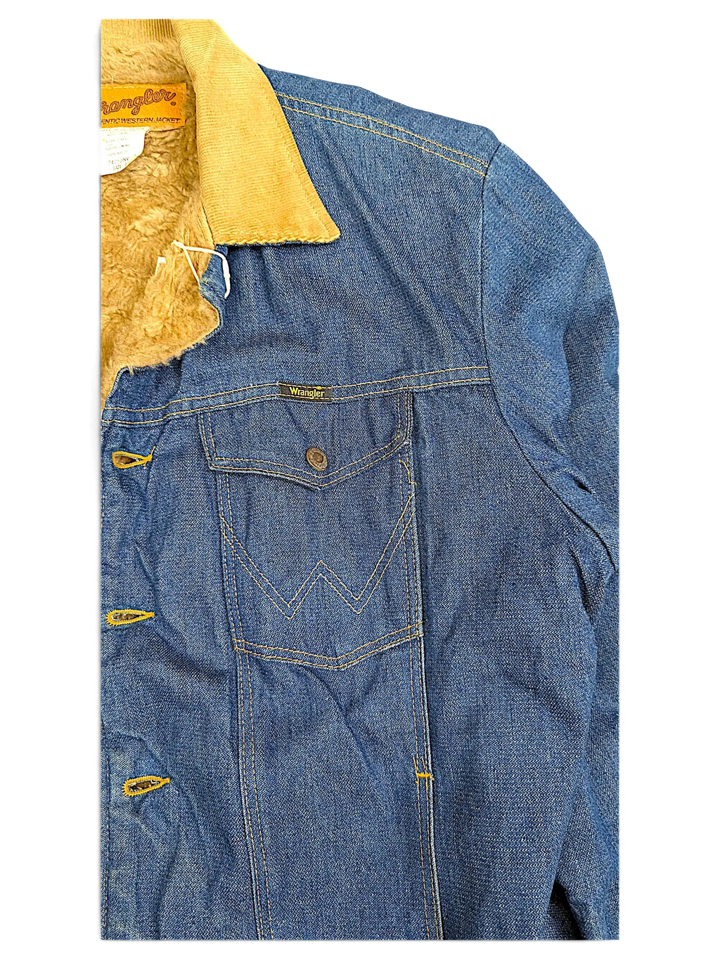 JAKE & IPI vintage Wrangler 80s 90s blue denim sherpa-lined jacket with tan corduroy collar and chest pocket