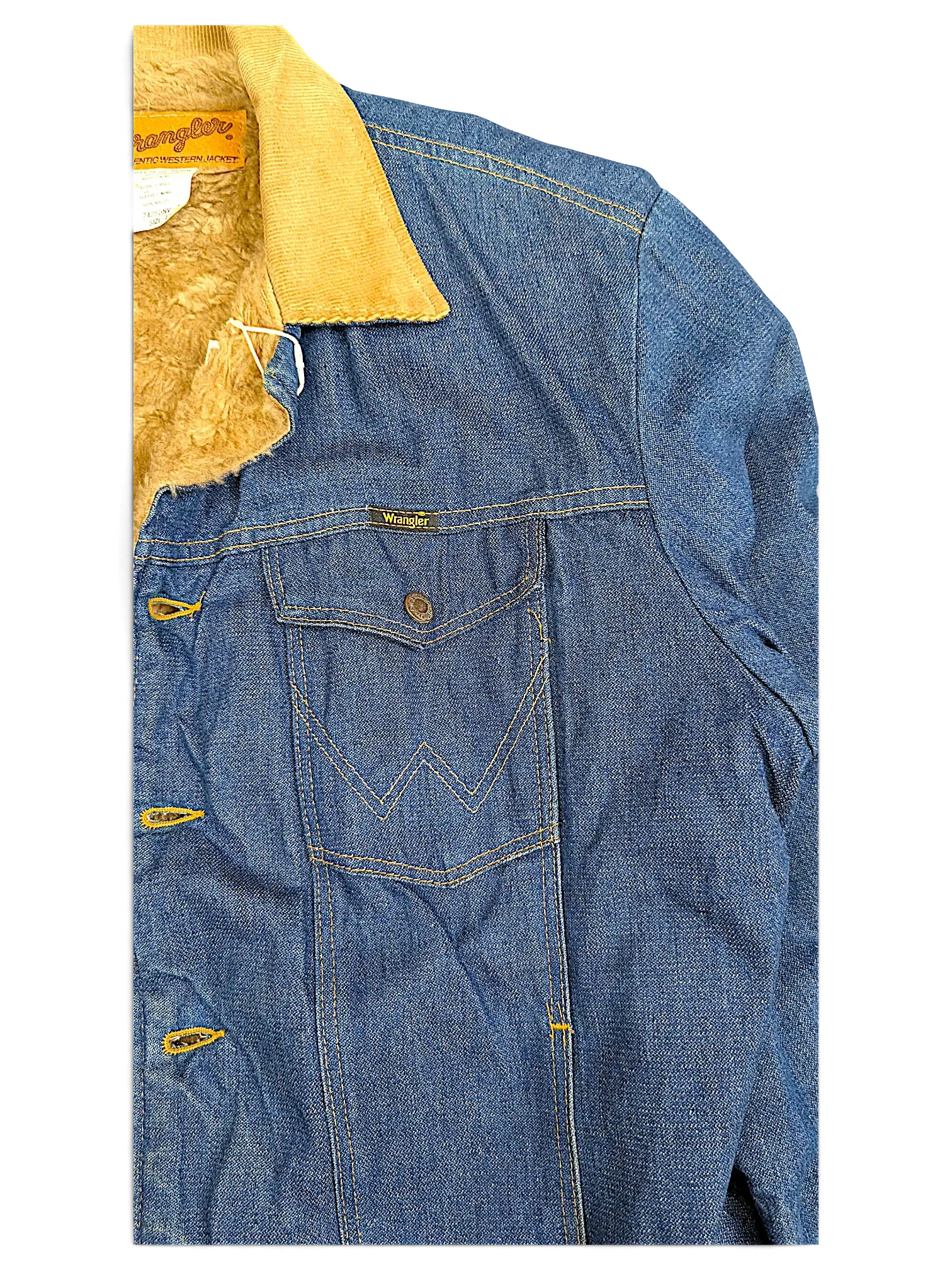 JAKE & IPI vintage Wrangler 80s 90s blue denim sherpa-lined jacket with tan corduroy collar and chest pocket