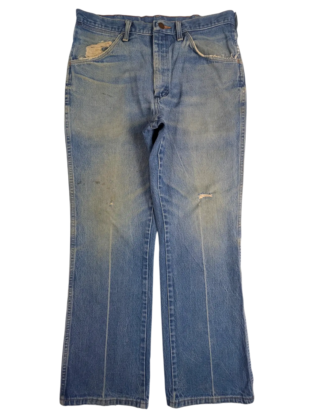 JAKE & IPI vintage Wrangler bootcut jeans in distressed light wash denim with frayed pockets and knee wear