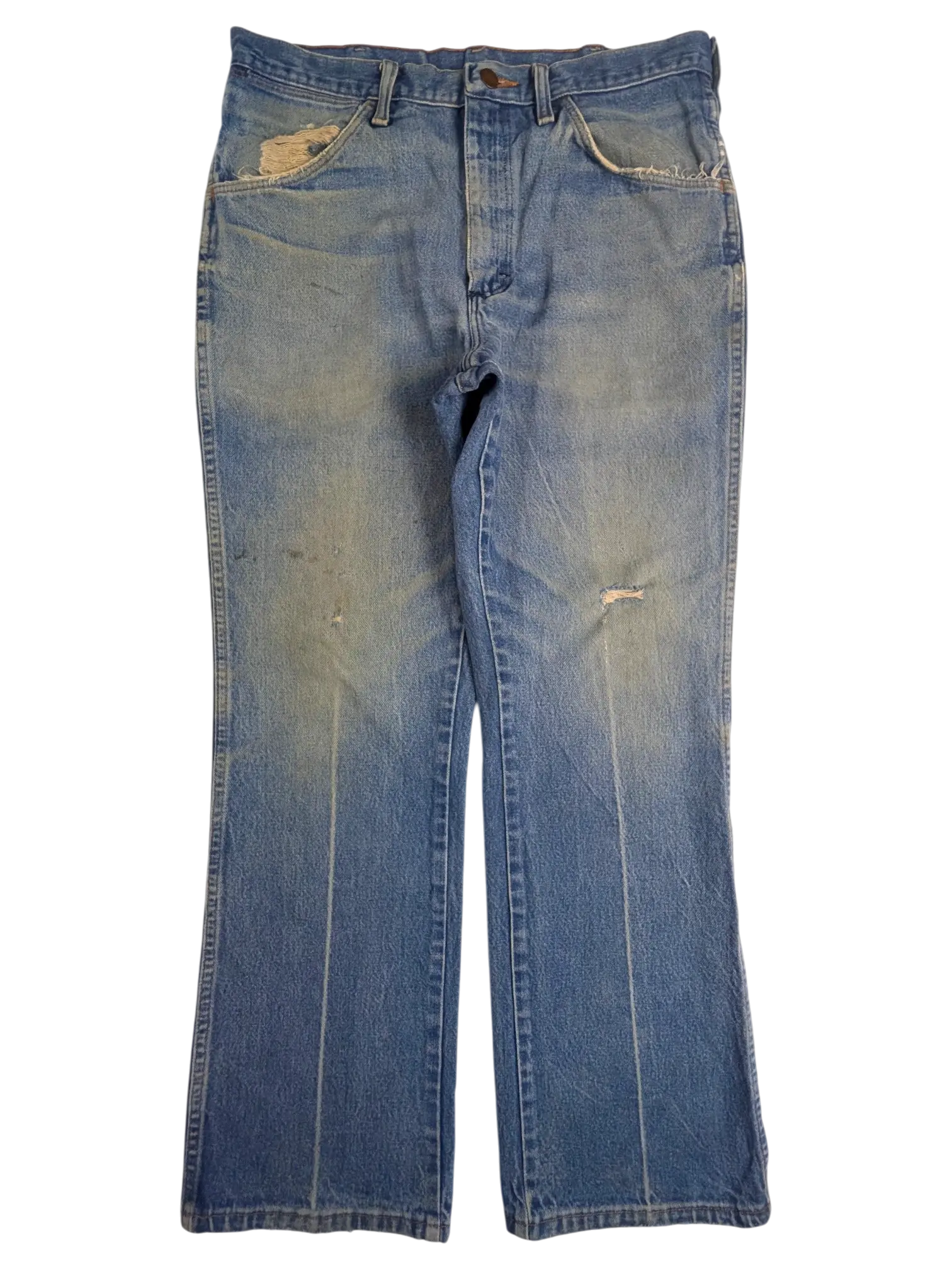 JAKE & IPI vintage Wrangler bootcut jeans in distressed light wash denim with frayed pockets and knee wear