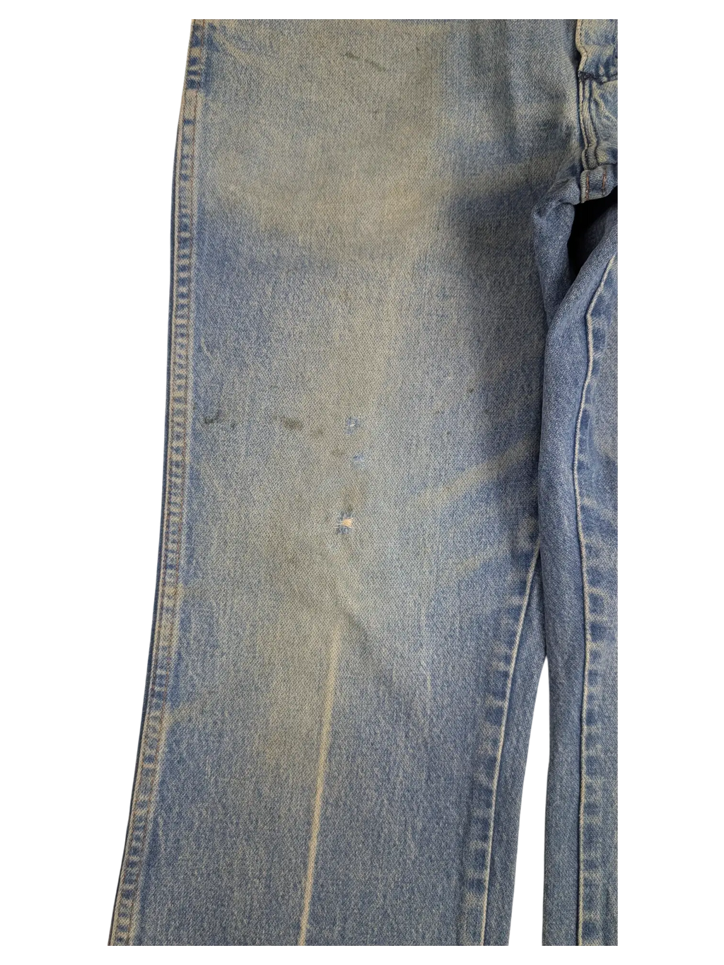 JAKE & IPI vintage Wrangler bootcut jeans in light wash denim with distressed wear and subtle fading