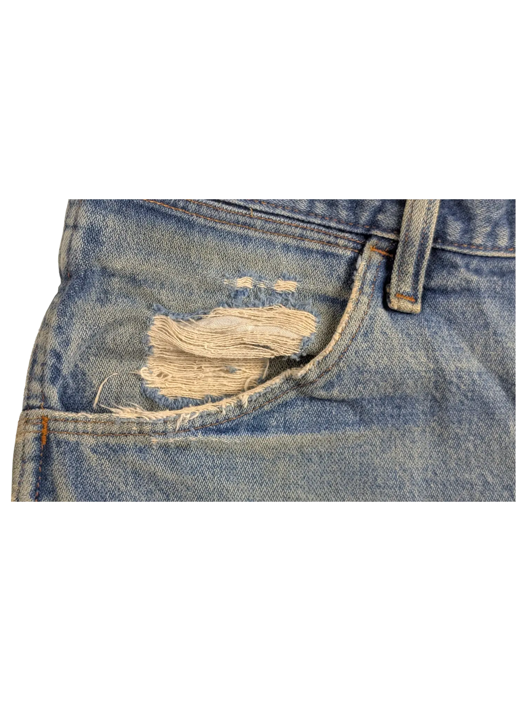 JAKE & IPI Wrangler bootcut jeans featuring a distressed light blue denim fabric with a frayed pocket detail.