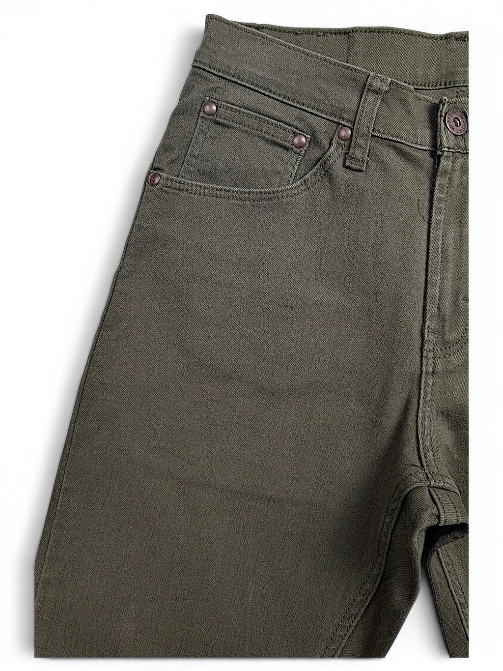 JAKE & IPI Wrangler green athletic fit jeans featuring a classic five-pocket design with copper-tone rivets.