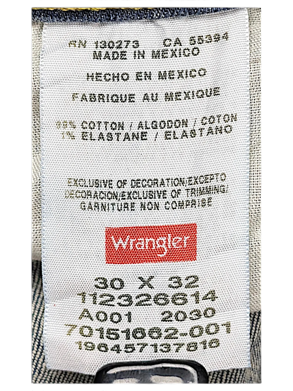 JAKE & IPI Wrangler straight fit jeans care label showing 99% cotton and 1% elastane fabric composition