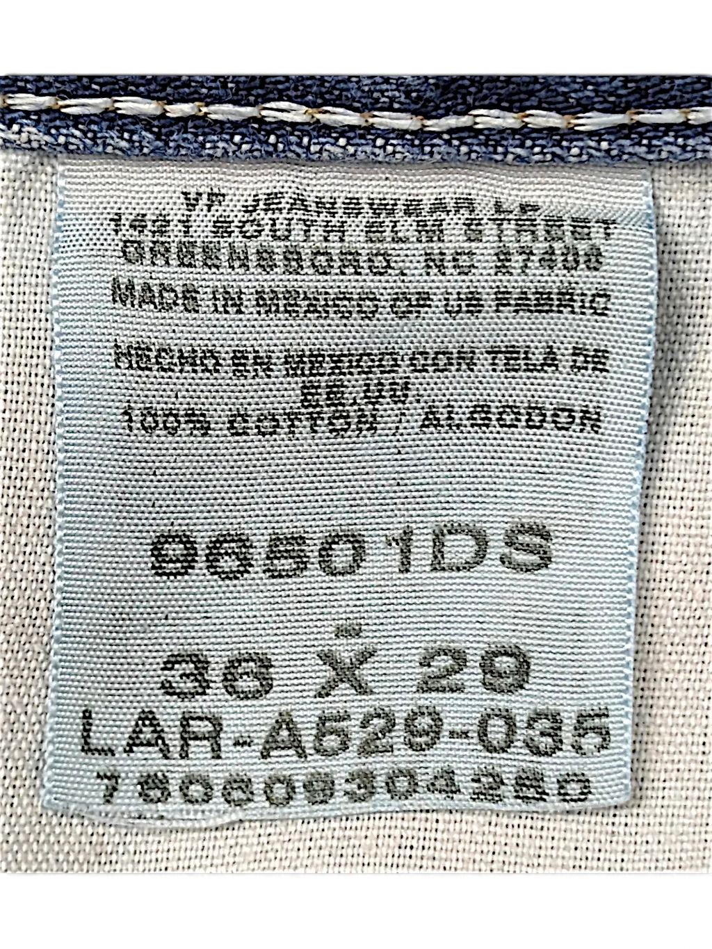 JAKE & IPI Wrangler 96501DS blue denim jeans interior care label with size 36x29 and 100 percent cotton details