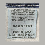 JAKE & IPI Wrangler 96501DS -farkkujen sisäpuolen hoitolappu: koko 36x29 ja 100 % puuvillaa