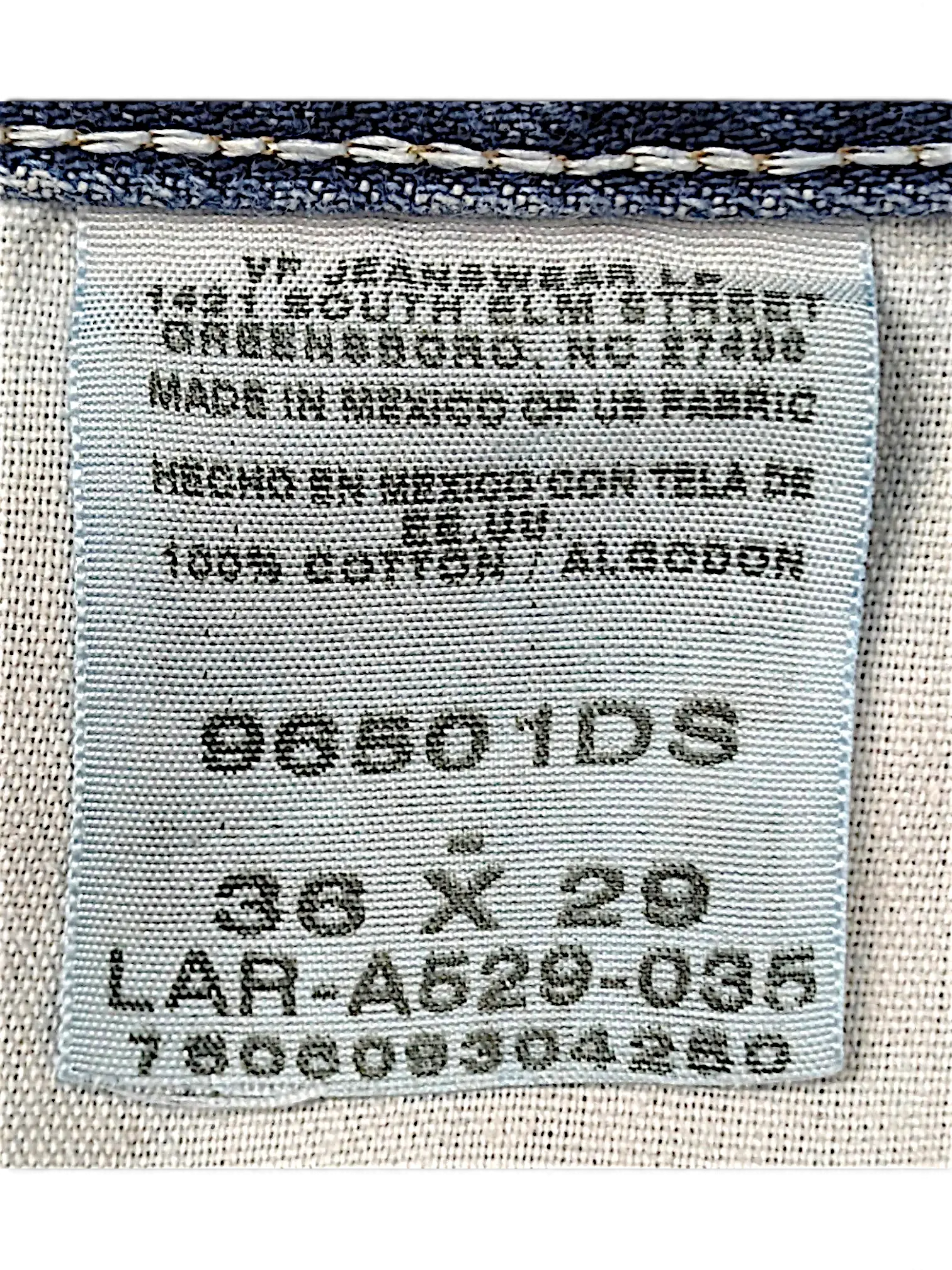 JAKE & IPI Wrangler 96501DS blue denim jeans interior care label with size 36x29 and 100 percent cotton details