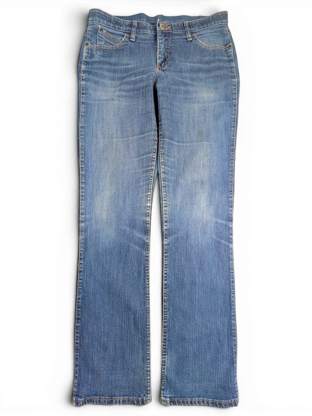 JAKE & IPI Wrangler Q-BABY blue denim jeans with a classic bootcut fit and faded wash finish.