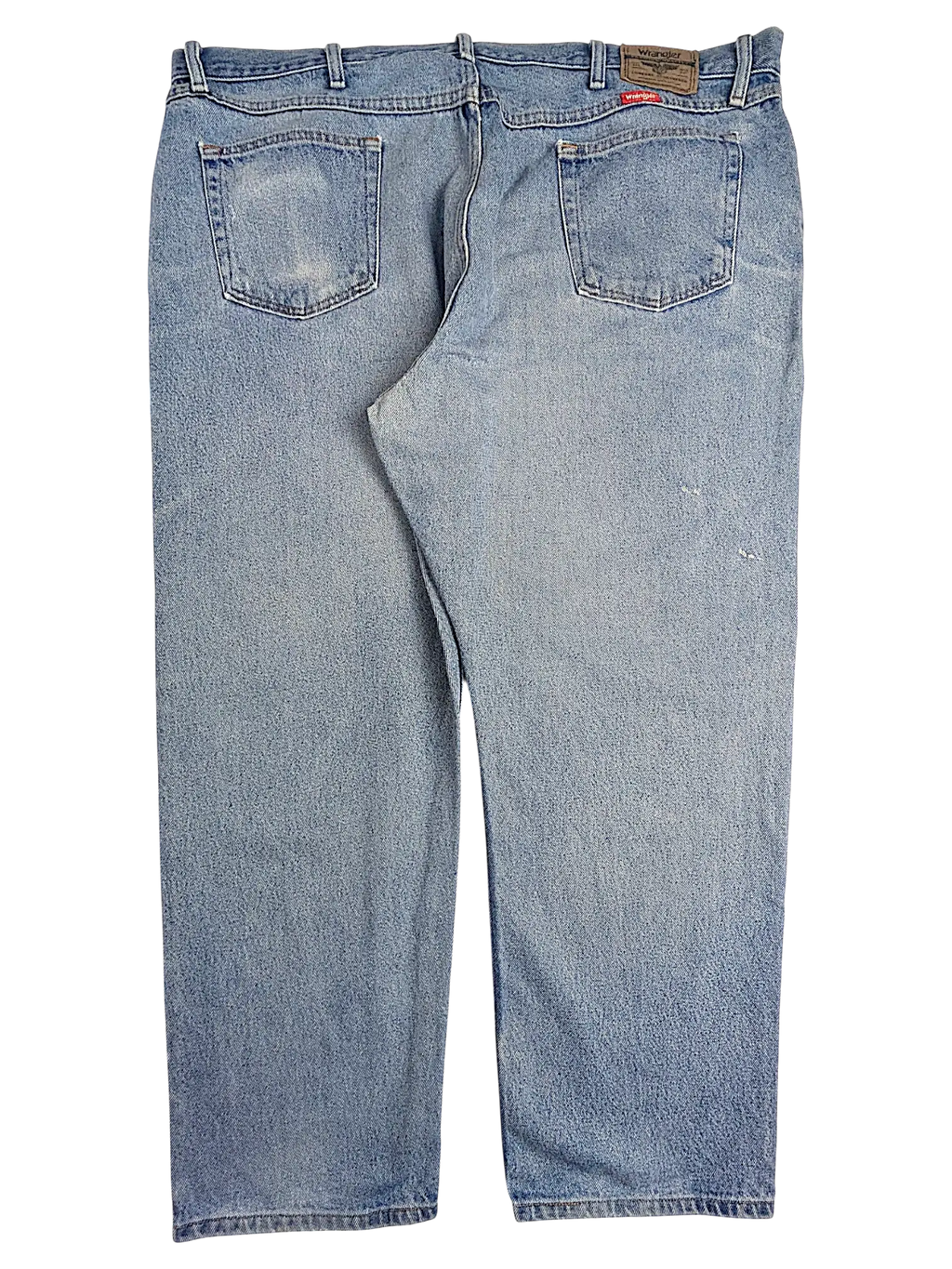 JAKE & IPI Wrangler relaxed fit blue denim jeans, back view showing pockets and leather patch.