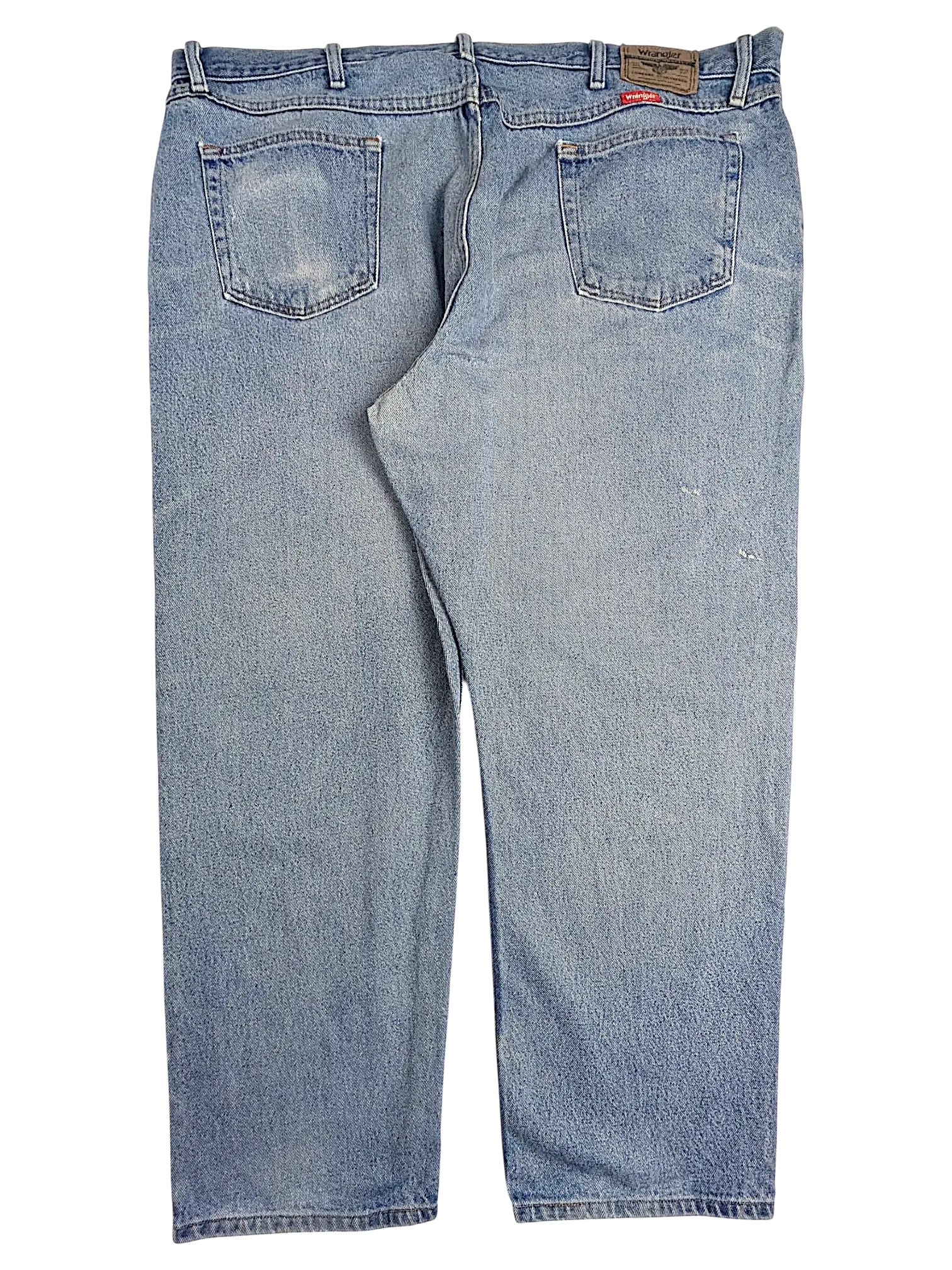 JAKE & IPI Wrangler relaxed fit blue denim jeans, back view showing pockets and leather patch.