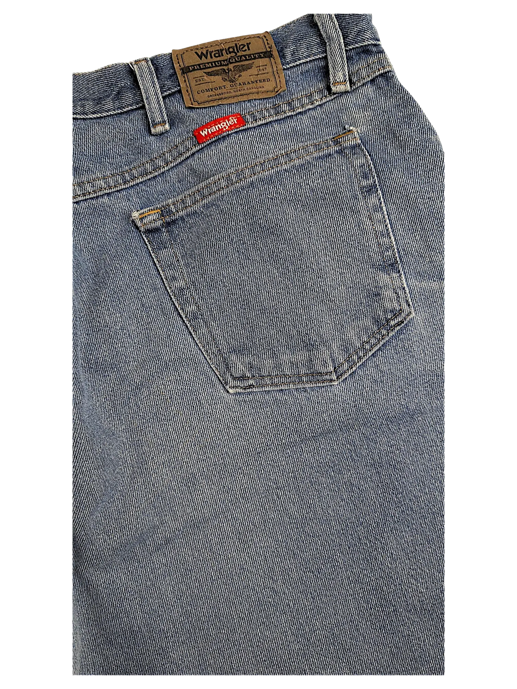 JAKE & IPI Wrangler relaxed fit blue denim jeans featuring a leather brand patch and back pocket detail