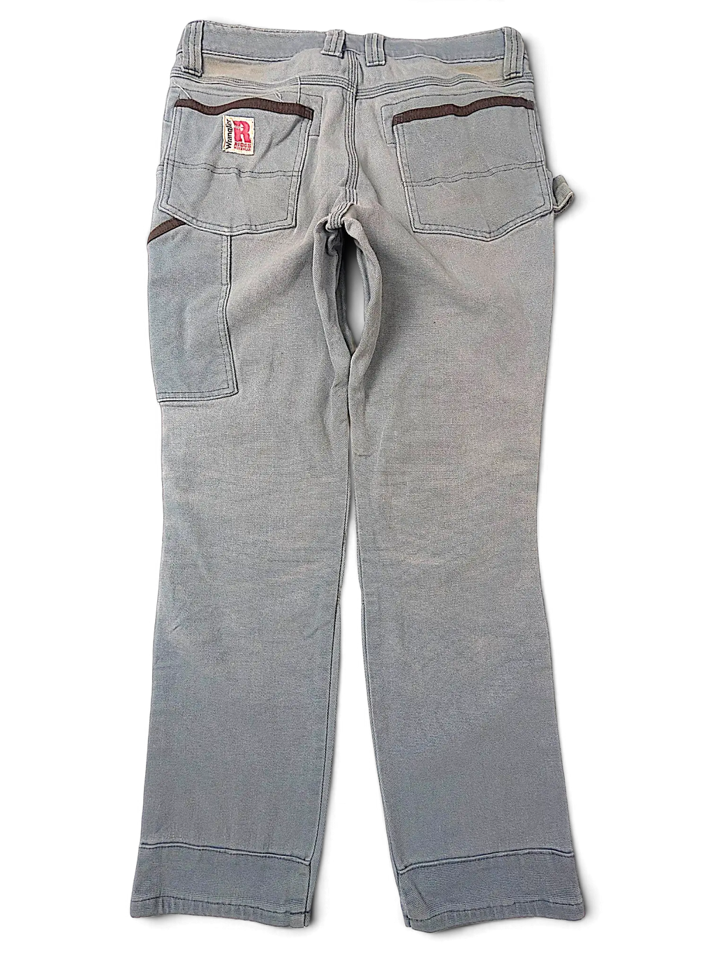 JAKE & IPI Wrangler Riggs Workwear pants in grey with brown trim and back pocket logo patch