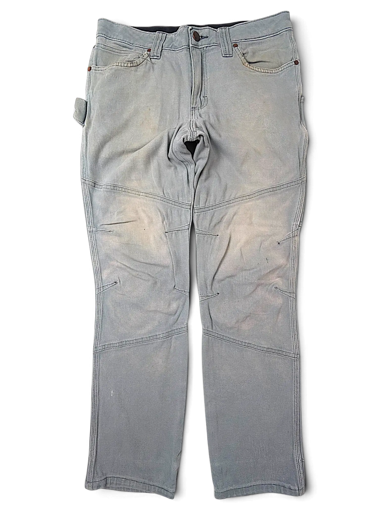 JAKE & IPI Wrangler Riggs Workwear pants in faded grey canvas with reinforced knees and utility pockets.