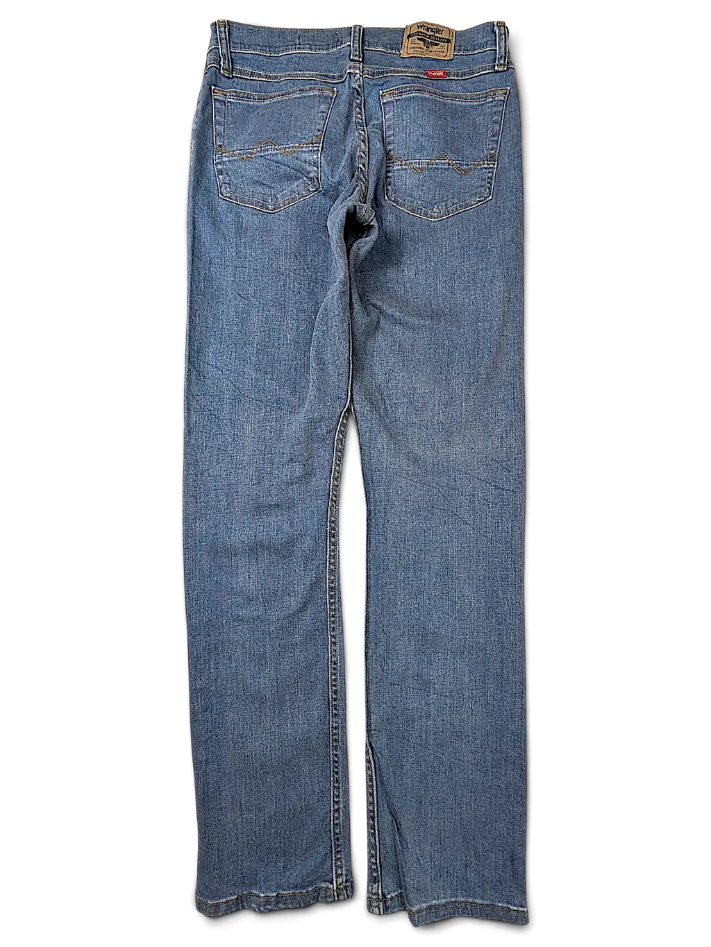 JAKE & IPI Wrangler straight fit blue denim jeans, back view with classic pockets and leather brand patch.