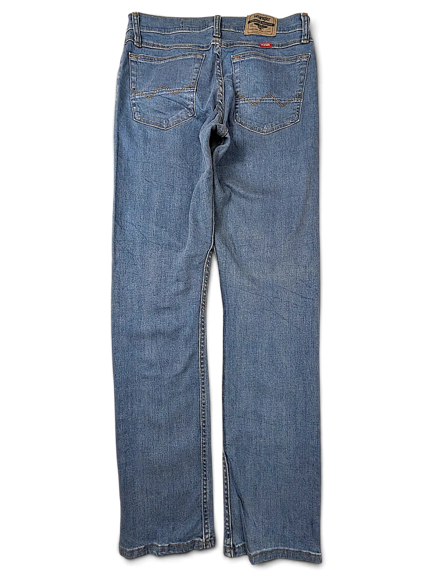 JAKE & IPI Wrangler straight fit blue denim jeans, back view with classic pockets and leather brand patch.