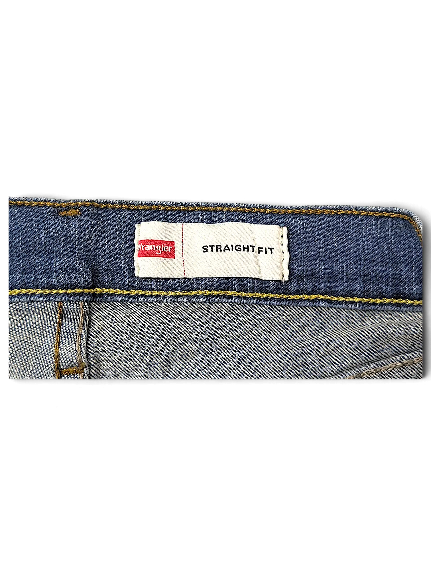 JAKE & IPI Wrangler straight fit blue denim jeans waistband label with contrast stitching