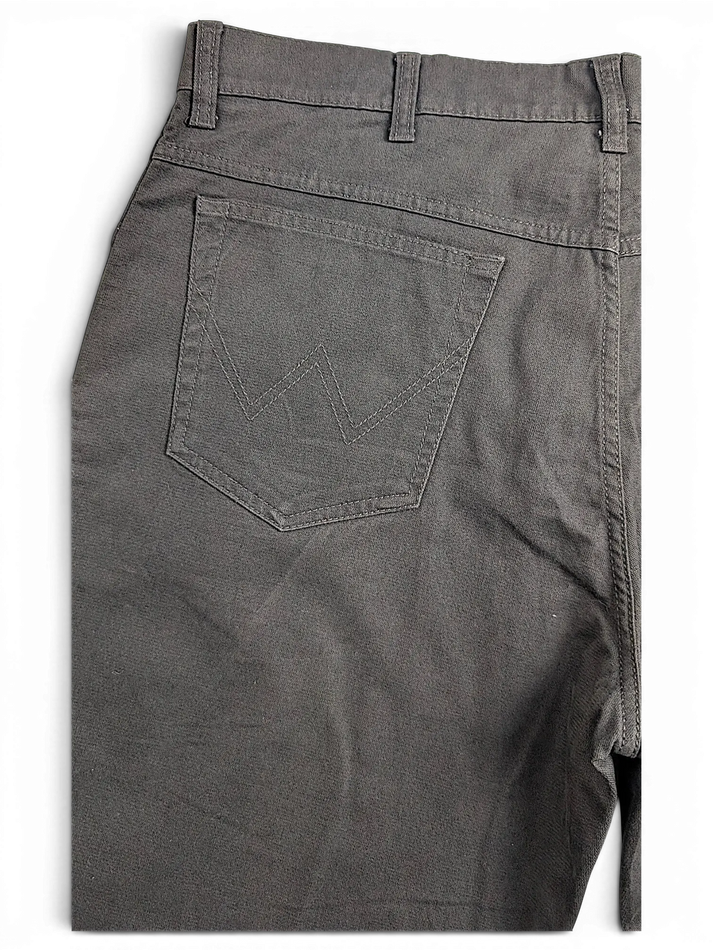 JAKE & IPI Wrangler Texas stretch pants in charcoal grey with signature W stitching on the back pocket