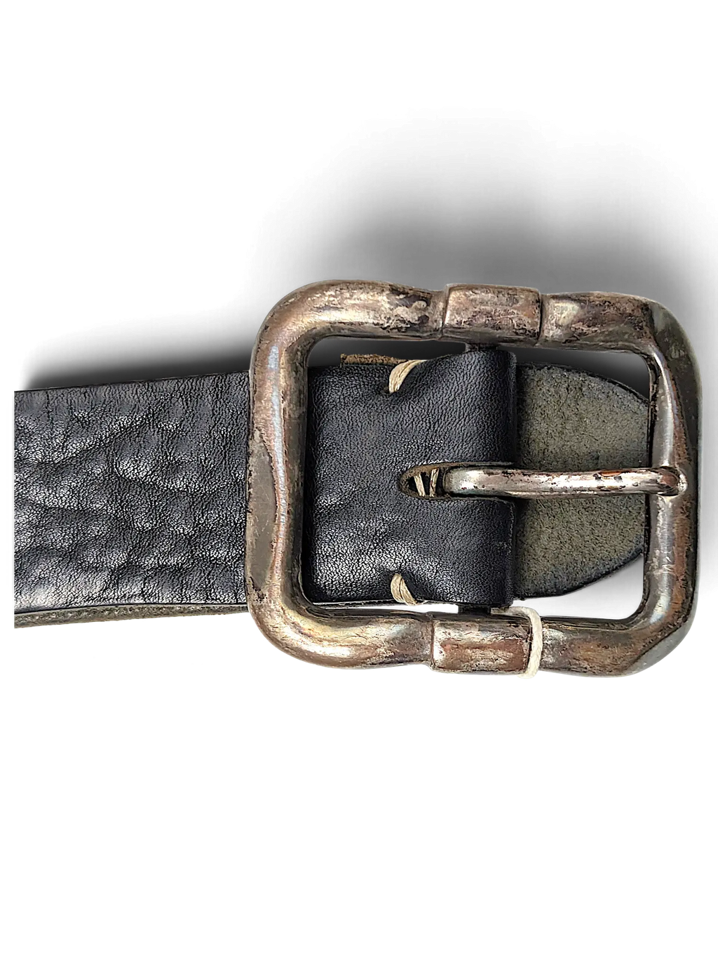 JAKE & IPI black leather belt featuring a distressed silver-tone square buckle with visible stitching detail