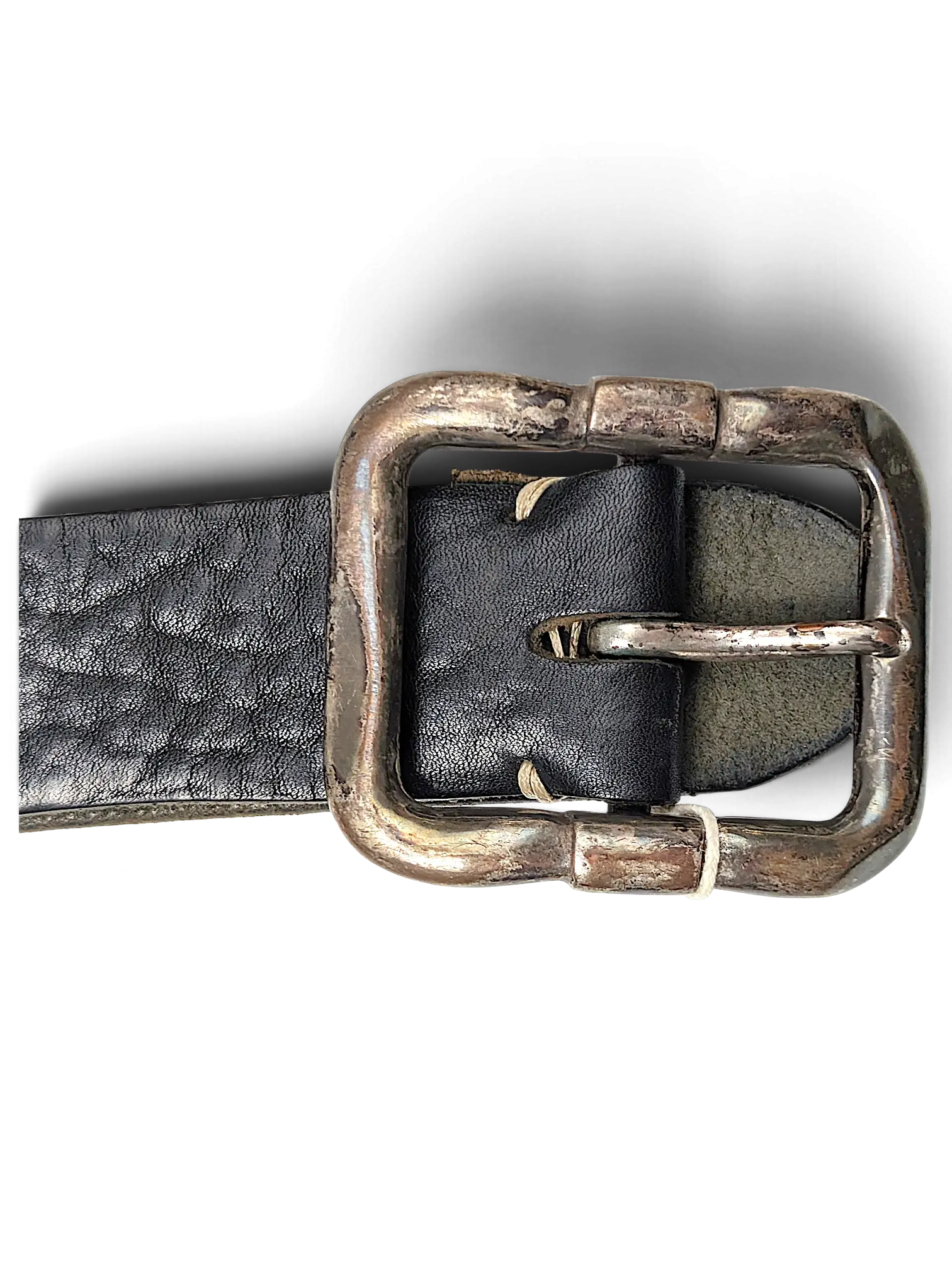 JAKE & IPI black leather belt featuring a distressed silver-tone square buckle with visible stitching detail
