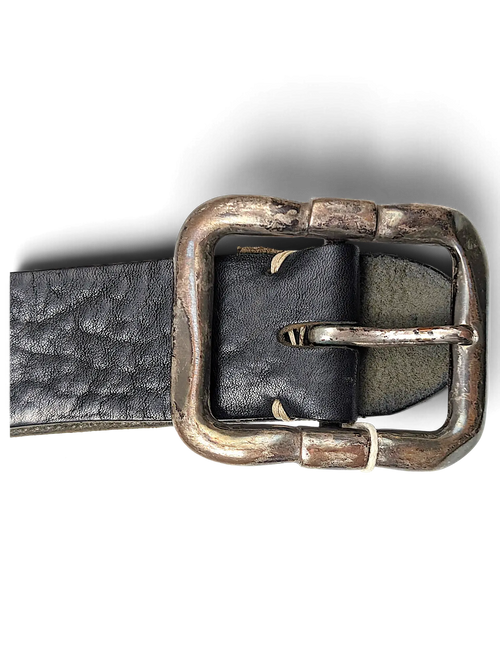 JAKE & IPI black leather belt featuring a distressed silver-tone square buckle with visible stitching detail