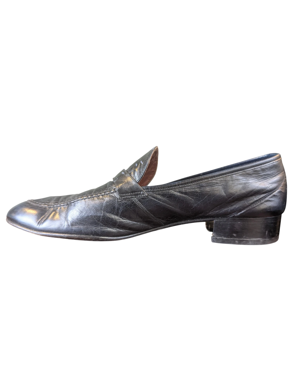 JAKE & IPI black leather loafers with a classic slip-on design and low block heel, side view.