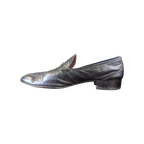 JAKE & IPI black leather loafers with a classic slip-on design and low block heel, side view.