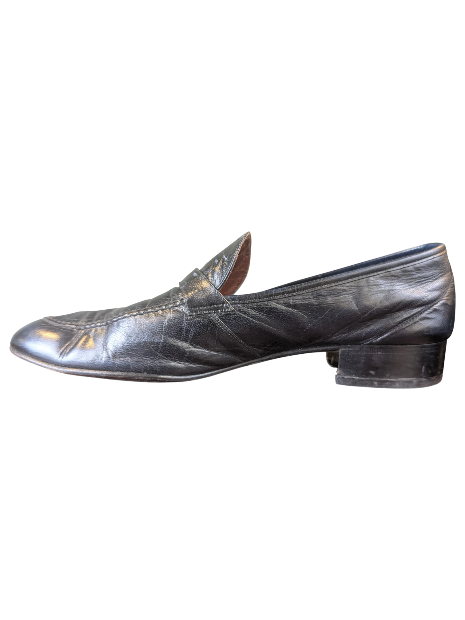 JAKE & IPI black leather loafers with a classic slip-on design and low block heel, side view.