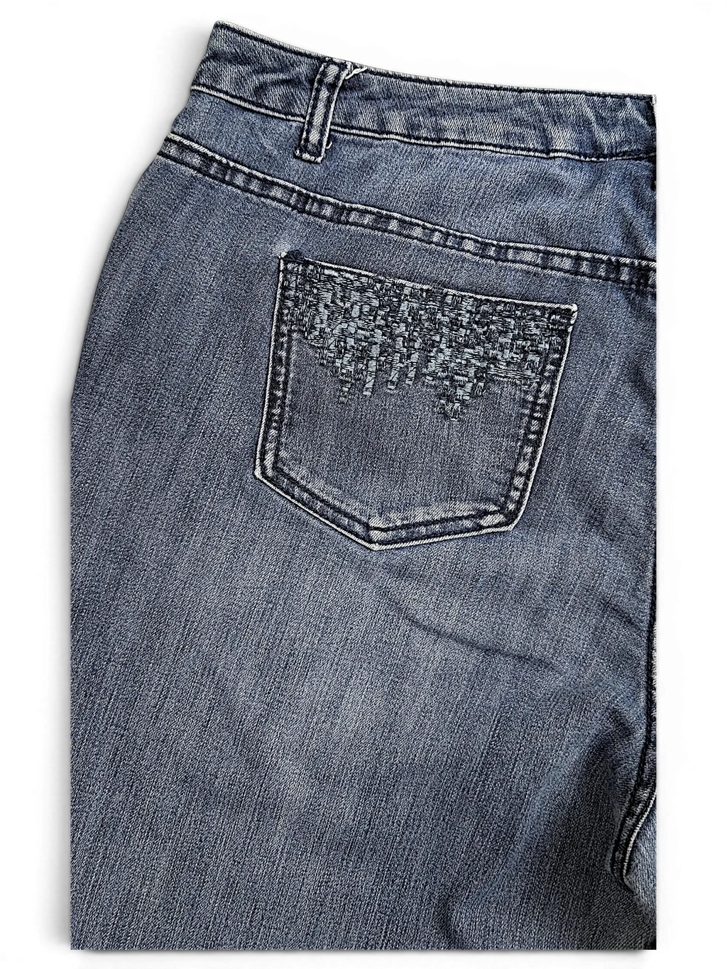 JAKE & IPI CJ Banks blue denim jeans featuring a back pocket with decorative textured embroidery detail