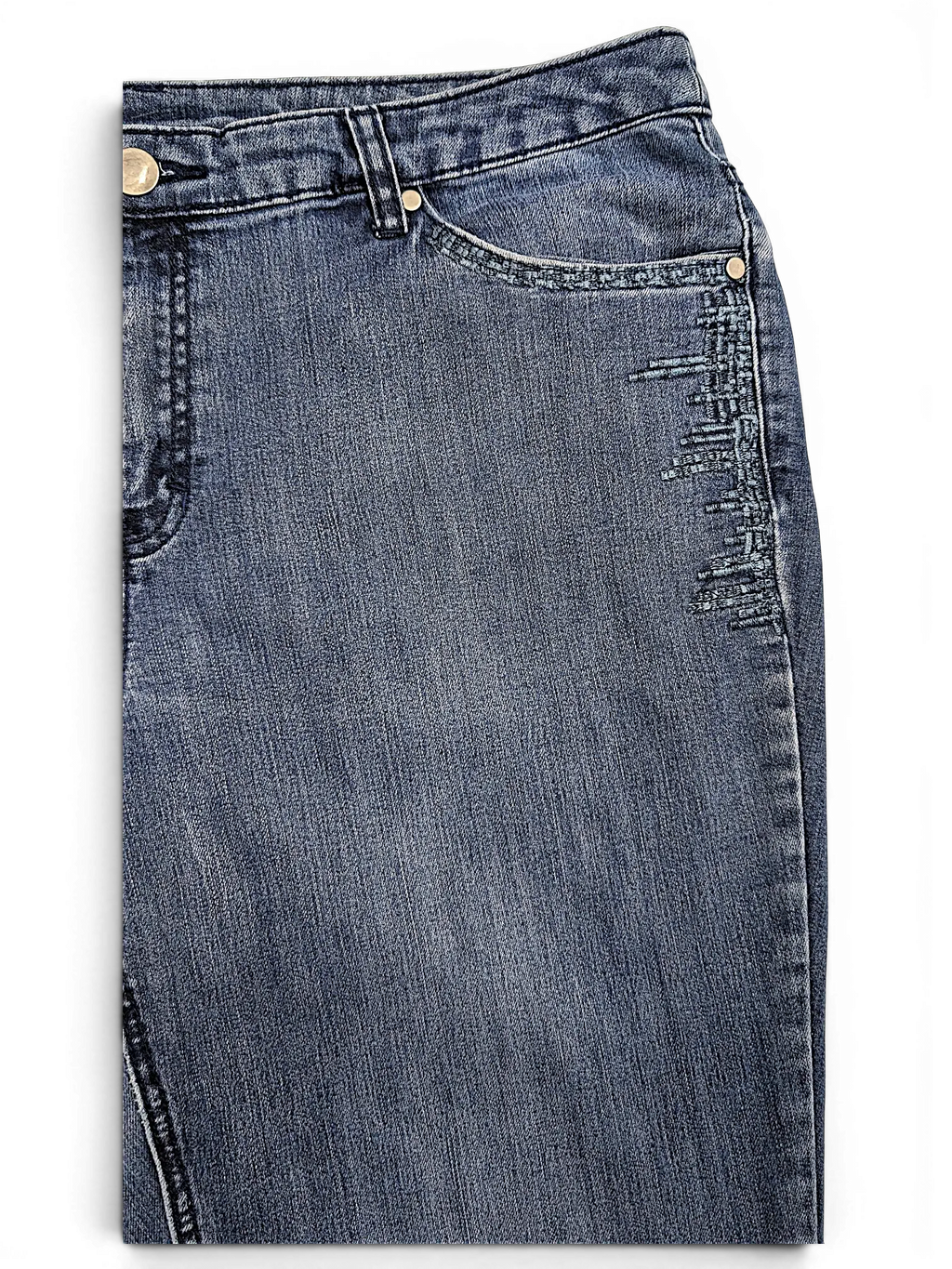 JAKE & IPI CJ Banks blue denim jeans featuring decorative stitched embroidery detail on the front pocket area