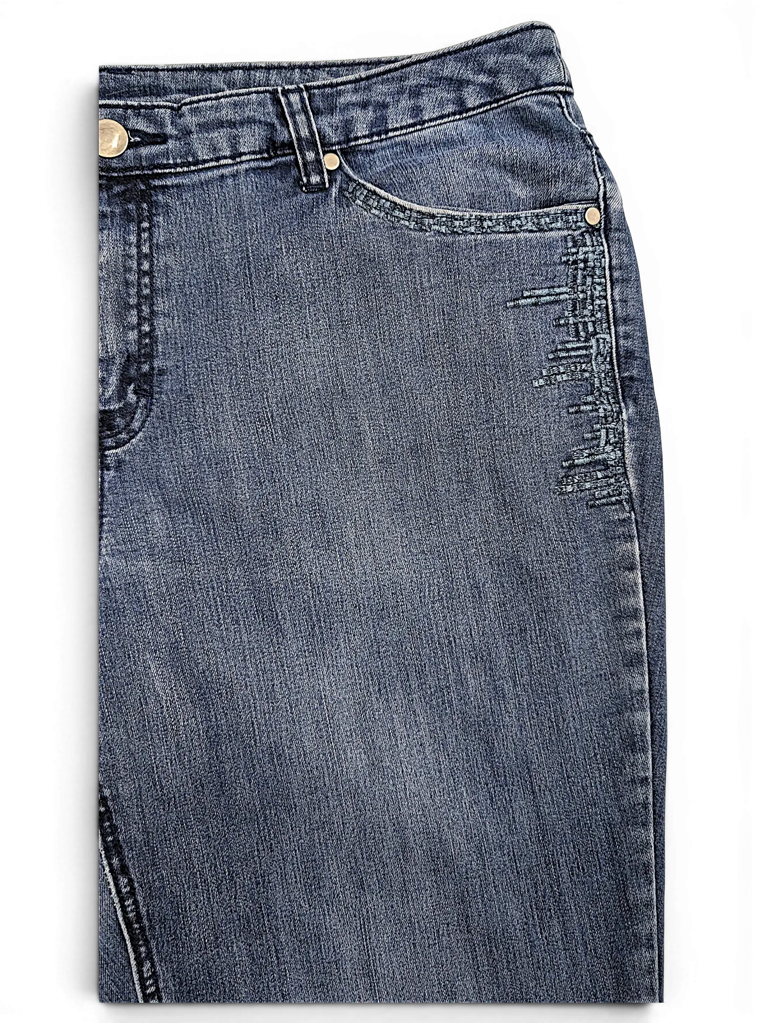JAKE & IPI CJ Banks blue denim jeans featuring decorative stitched embroidery detail on the front pocket area