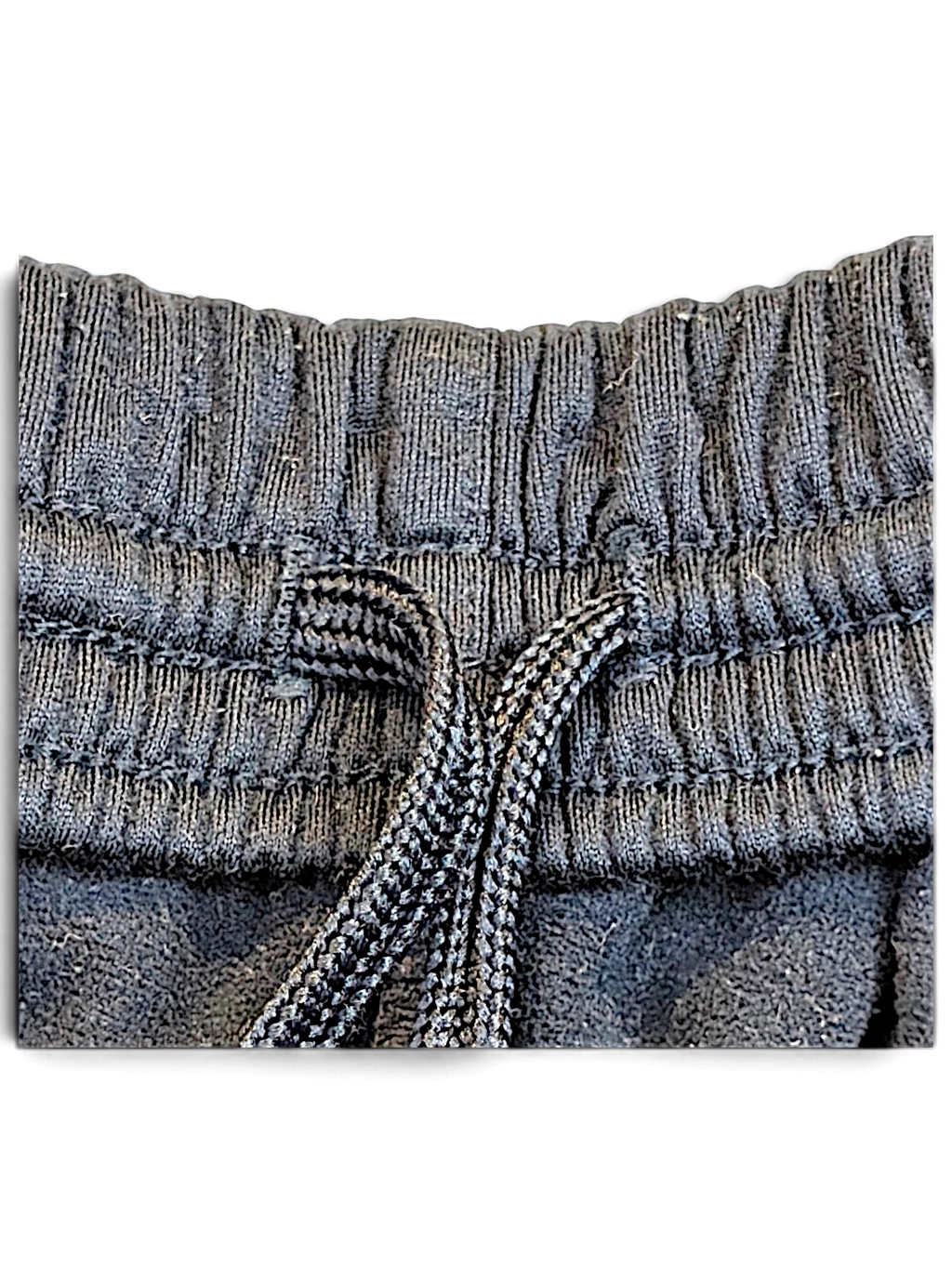 JAKE & IPI Champion navy track pants featuring a ribbed elastic waistband with a textured drawstring detail