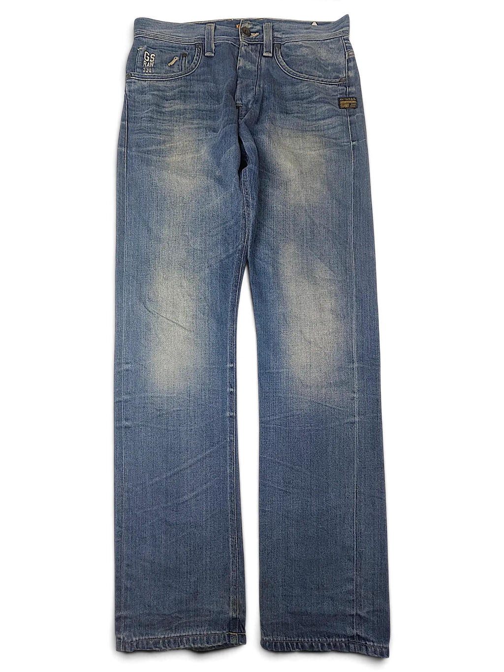 JAKE & IPI G-Star blue denim jeans with a classic five-pocket design and faded wash finish.
