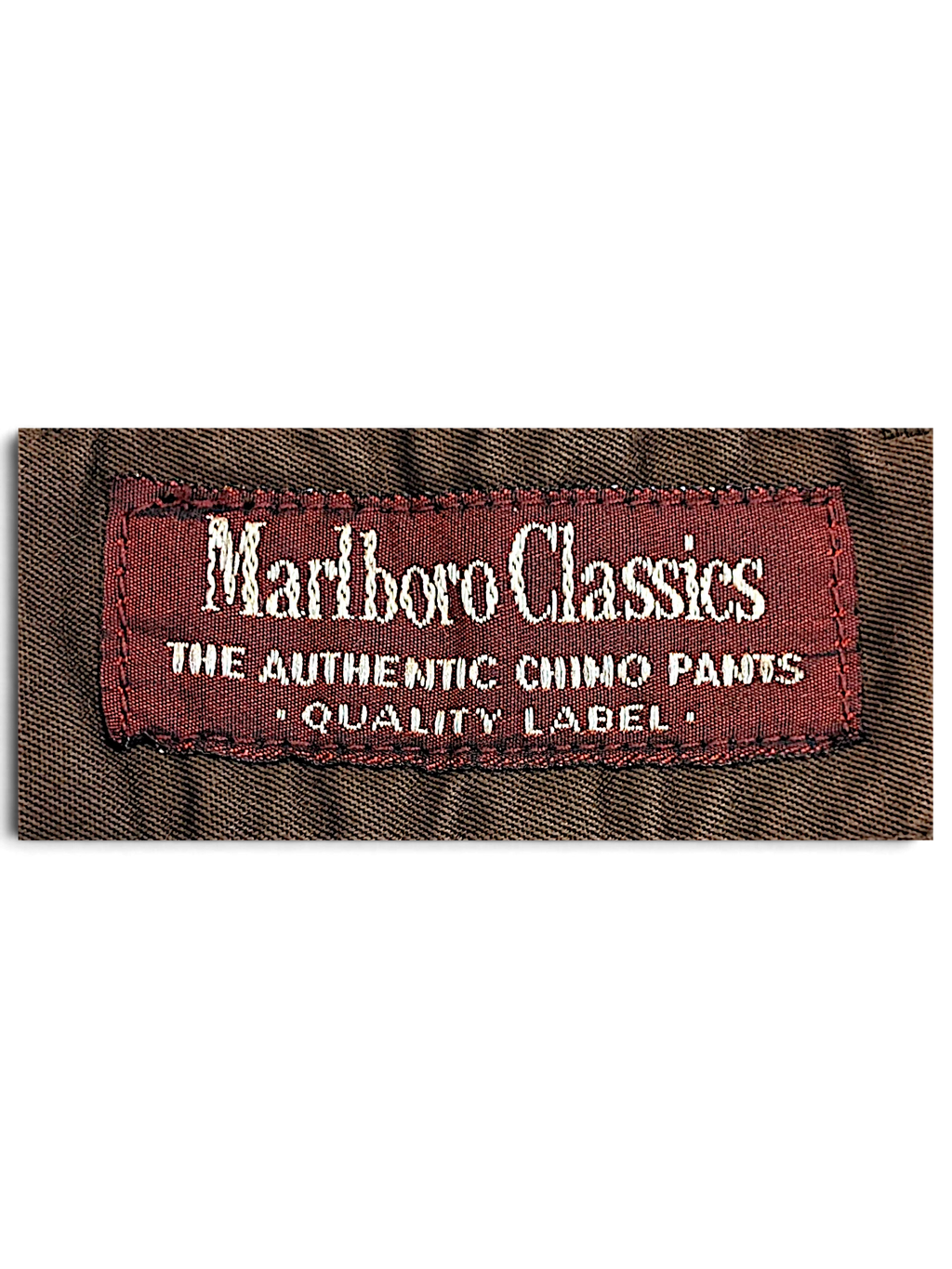 JAKE & IPI Marlboro Classics brown cotton chino pants interior brand label with red and white embroidery