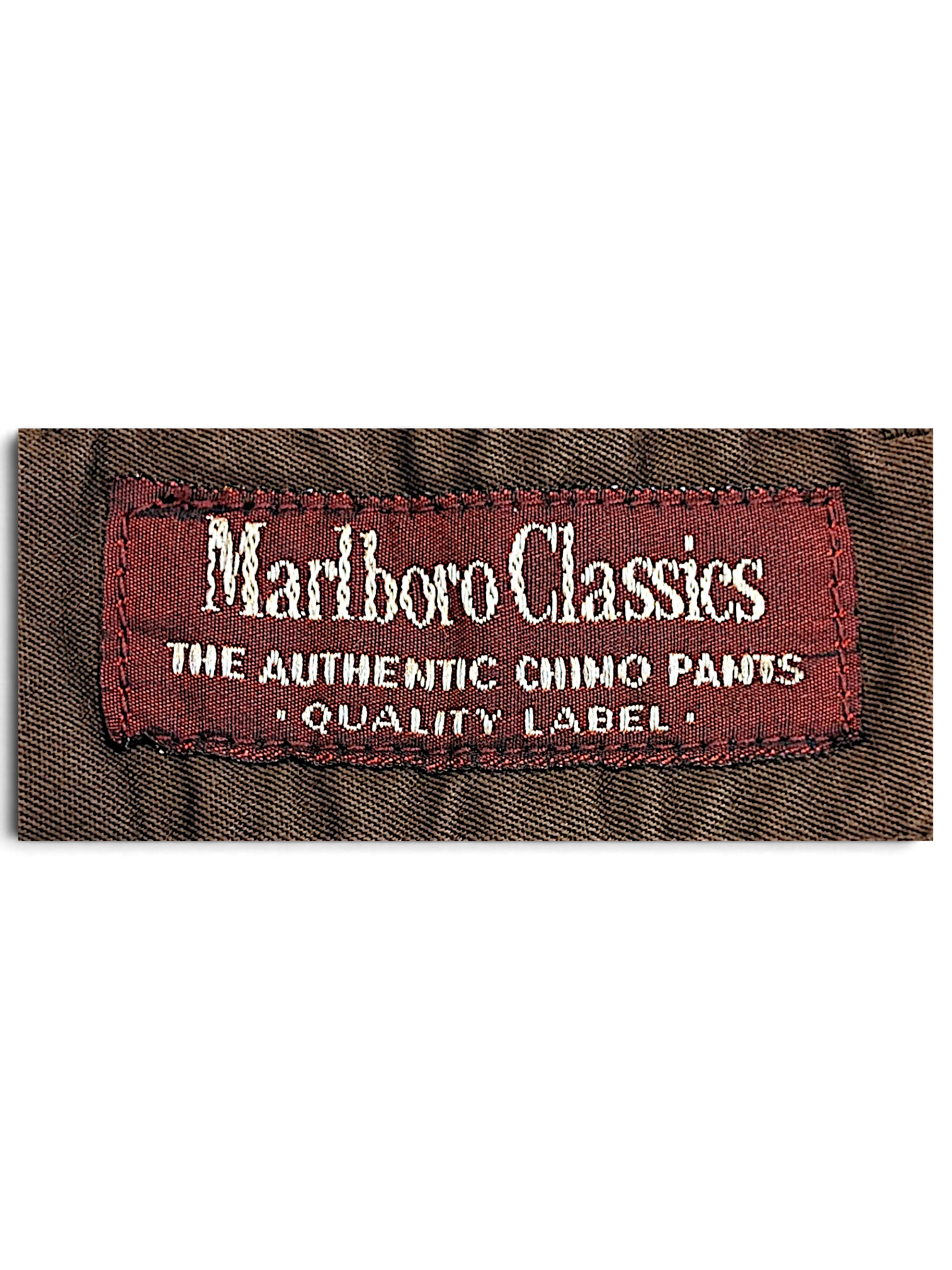 JAKE & IPI Marlboro Classics brown cotton chino pants interior brand label with red and white embroidery