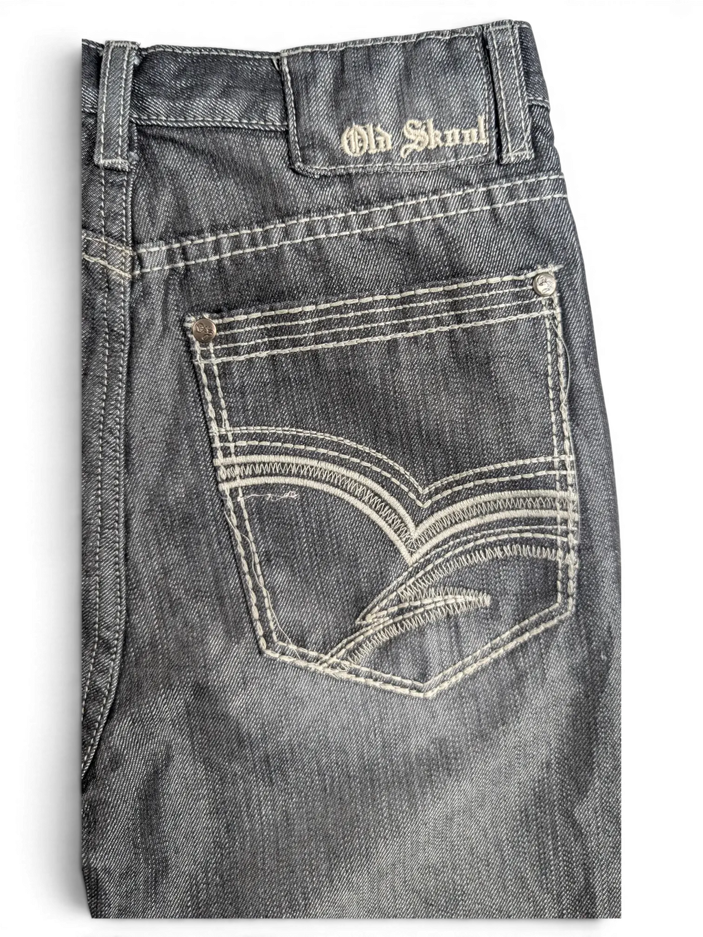 JAKE & IPI Old Skool size 14 dark wash denim jeans featuring decorative white contrast stitching on the back pocket