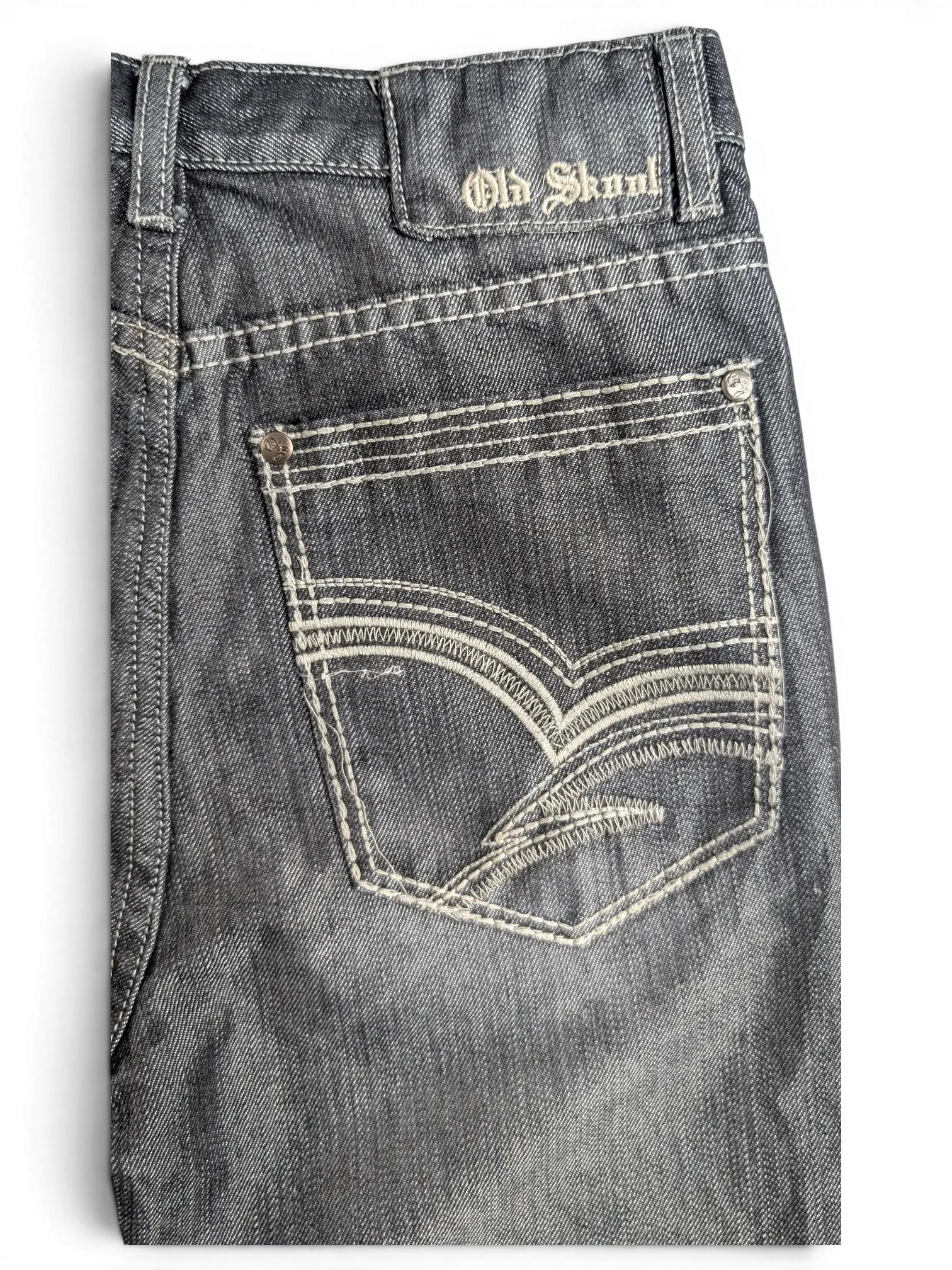 JAKE & IPI Old Skool size 14 dark wash denim jeans featuring decorative white contrast stitching on the back pocket