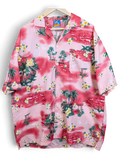 JAKE & IPI True Face Hawaiian shirt in pink with yellow floral and tropical palm tree print on a wooden hanger