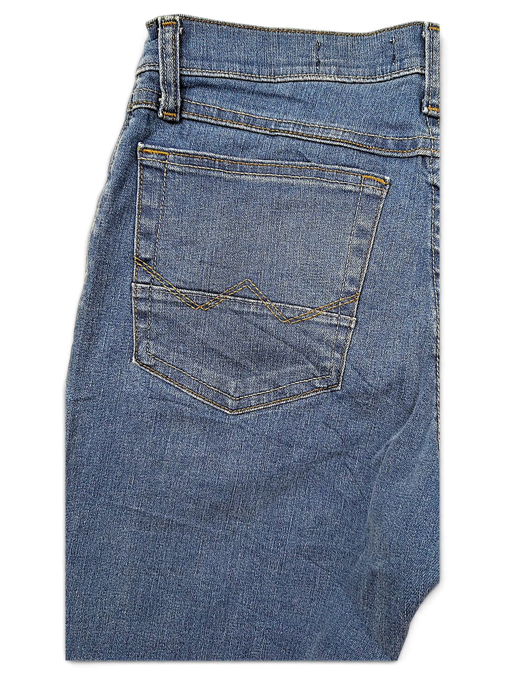 JAKE & IPI Wrangler straight fit blue denim jeans featuring a back pocket with signature stitching detail.