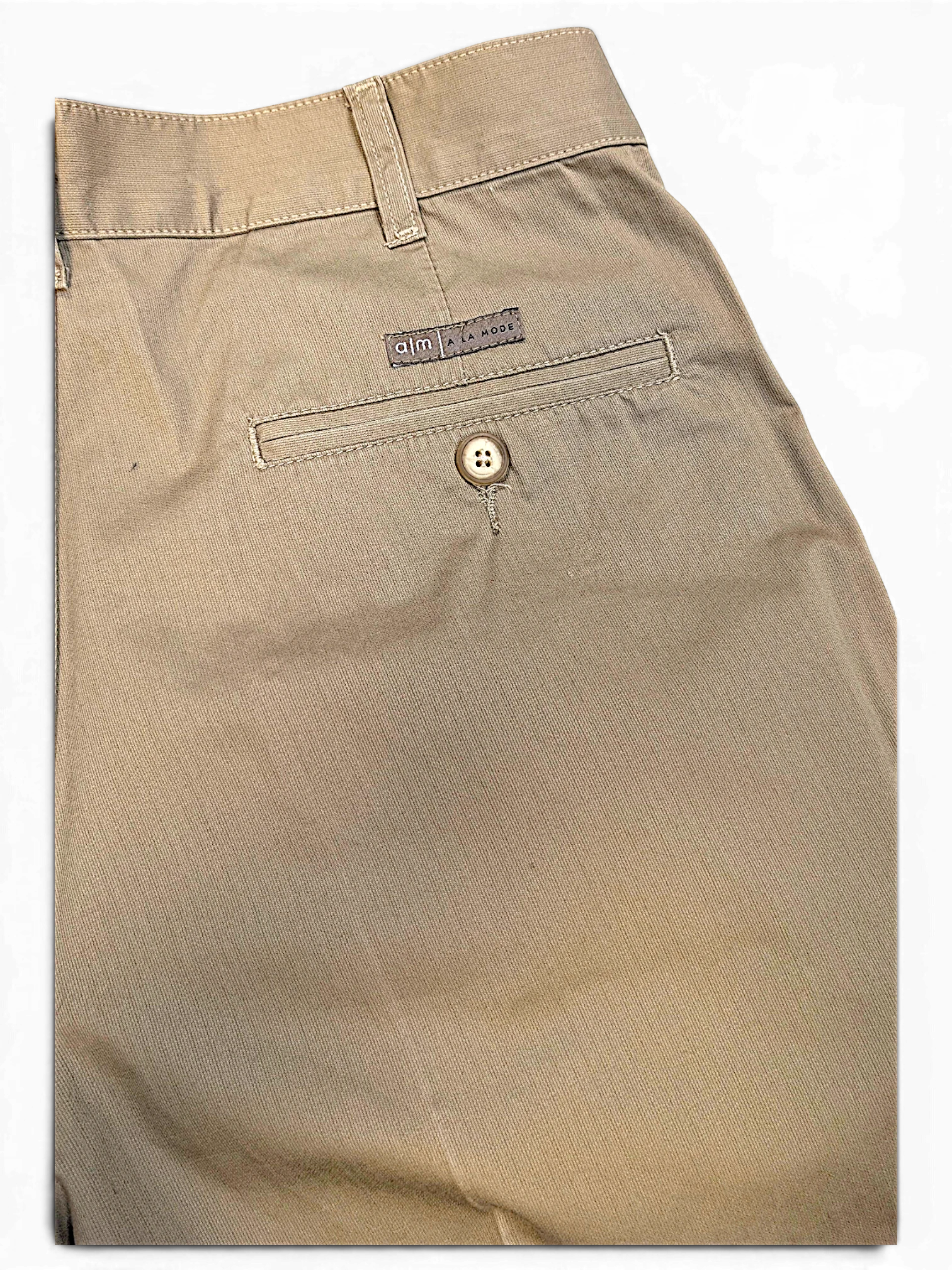 JAKE & IPI pre-owned A M A La Mode beige trousers featuring a back pocket with a button closure and brand label.